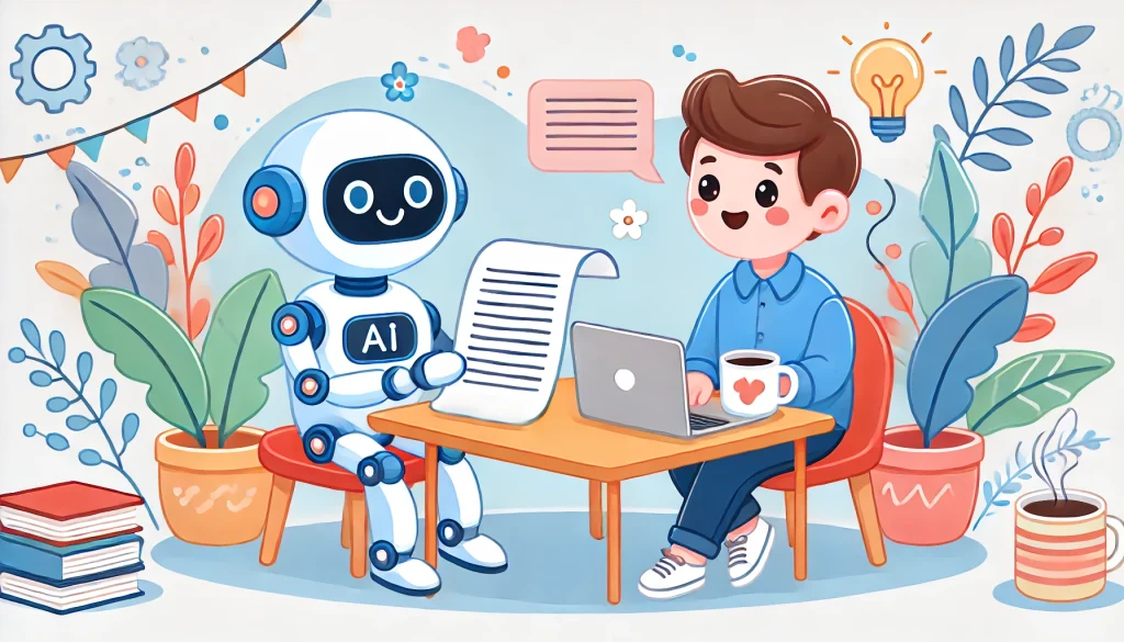 AIのロボットと会話をしている男性のイラスト