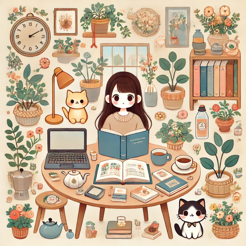 女の子や猫が部屋の中で学習している
