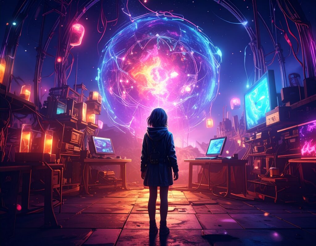 パソコンが宙に浮いている様子を見ている女性