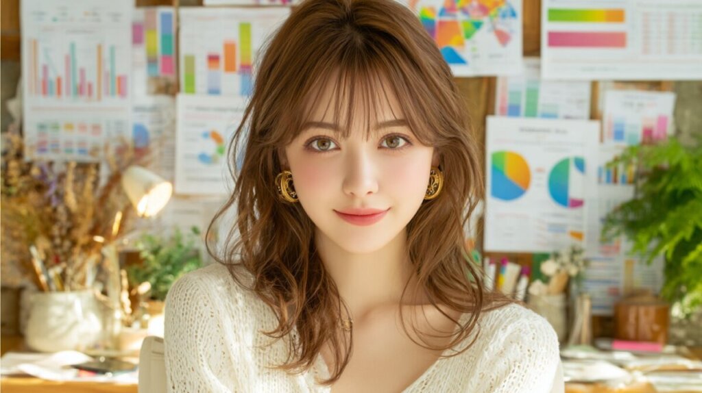 白い服を着たセミロングの日本人女性がこちらを見ている様子のAIイラスト画像