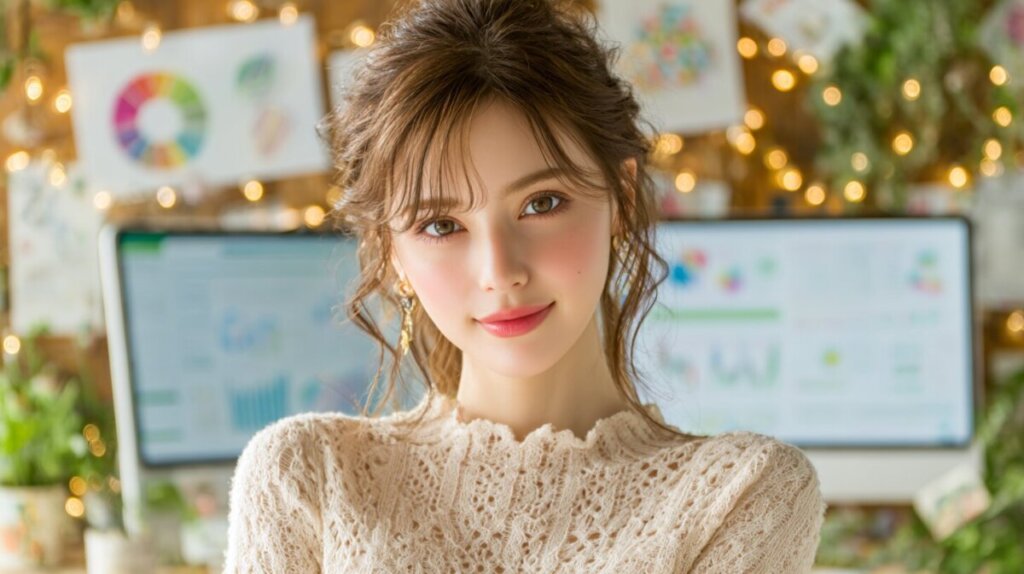 白い服を着たセミロングの日本人女性がこちらを見ている様子のAIイラスト画像