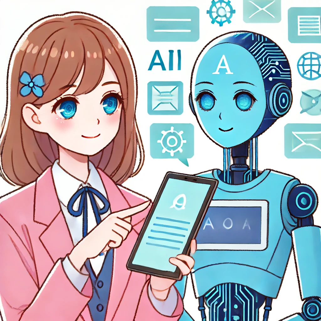AIロボットとタブレットを見ている女性