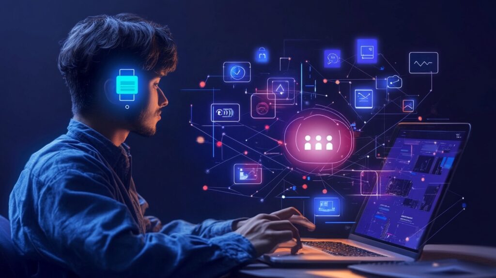 男性がPCに向かってAIを学んでいるイラスト