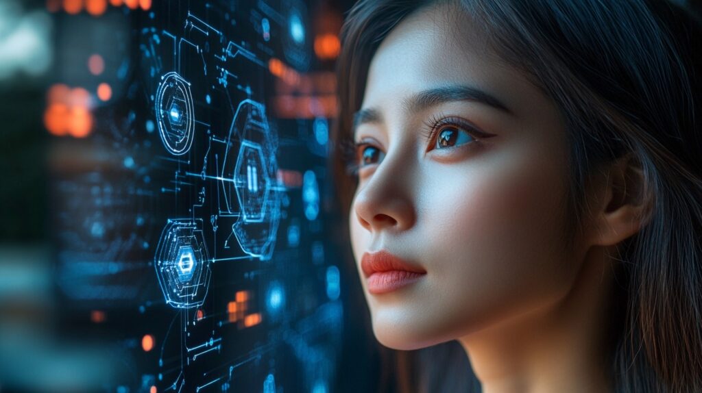 女性が左側を向いてデジタル空間を見つめている画像