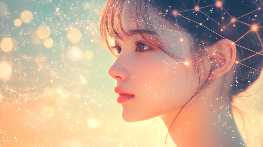 女性が左側を向いて幻想的な空間にいる
