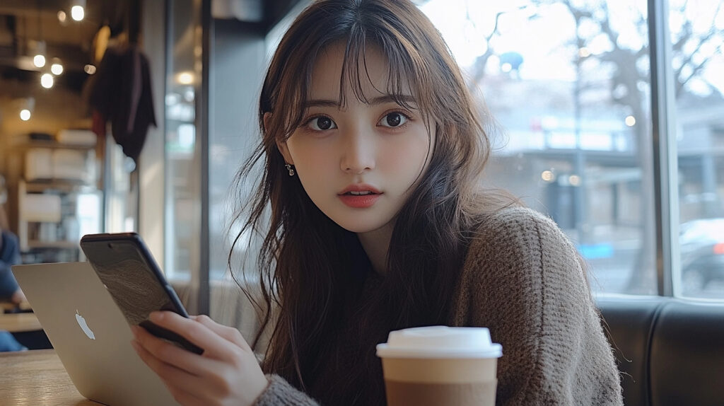 カフェでノートパソコンとスマホを見ている女性