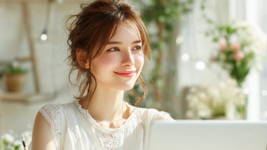女性がノートパソコンの前で微笑んでいる