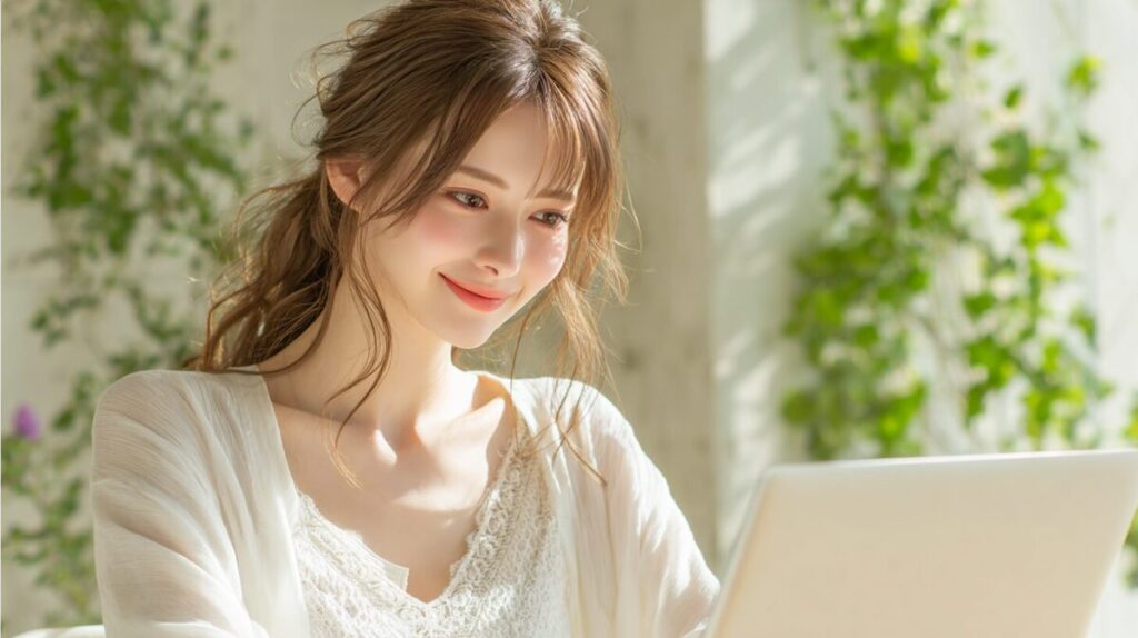 女性がノートパソコンの前で微笑んでいる
