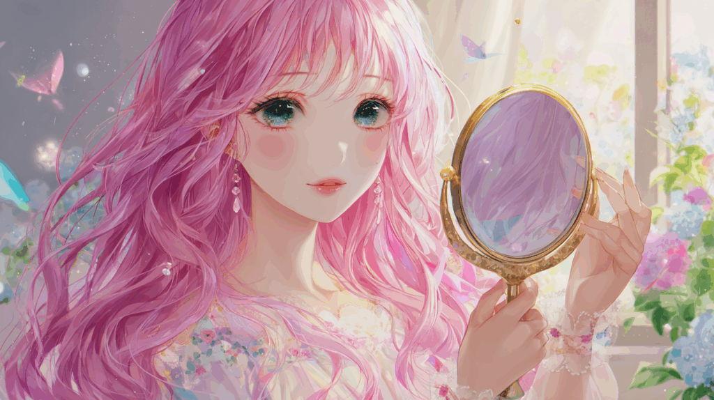 ピンク色の髪色の女性が鏡を見ているイラスト