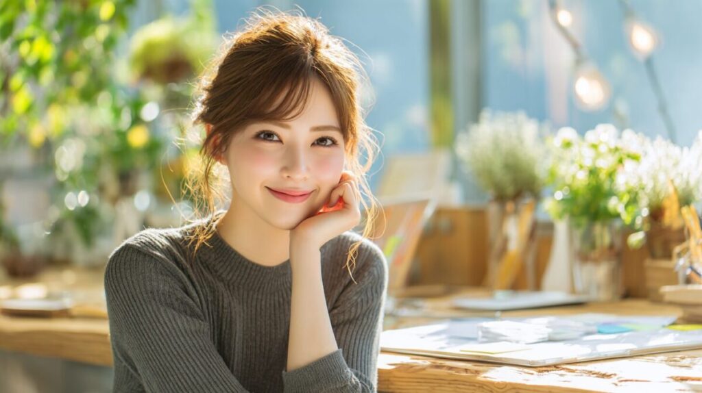 女性がデスクの前でこちらを見ながら微笑んでいる