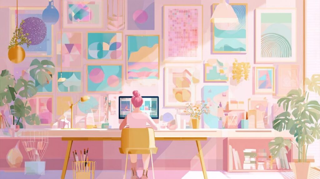 ナチュラルなオフィスでノートパソコンを開いて作業している女性