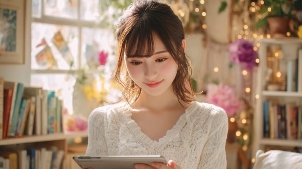 女性がタブレットを見ながら微笑んでいる