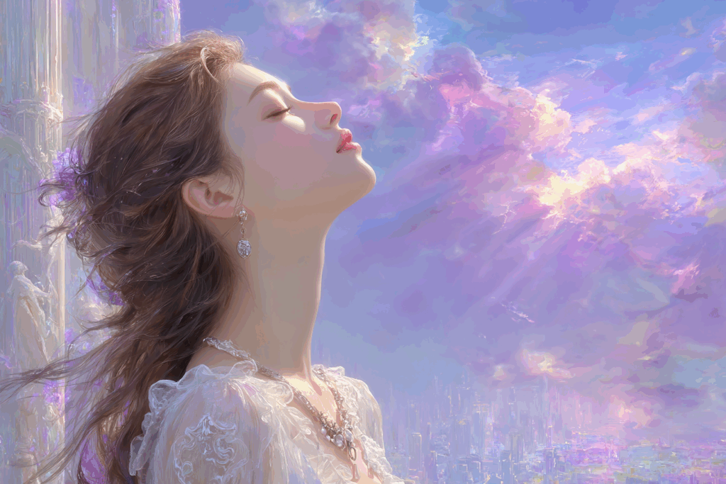 空を見上げて心地よい風に吹かれているAI美女のイラスト画像