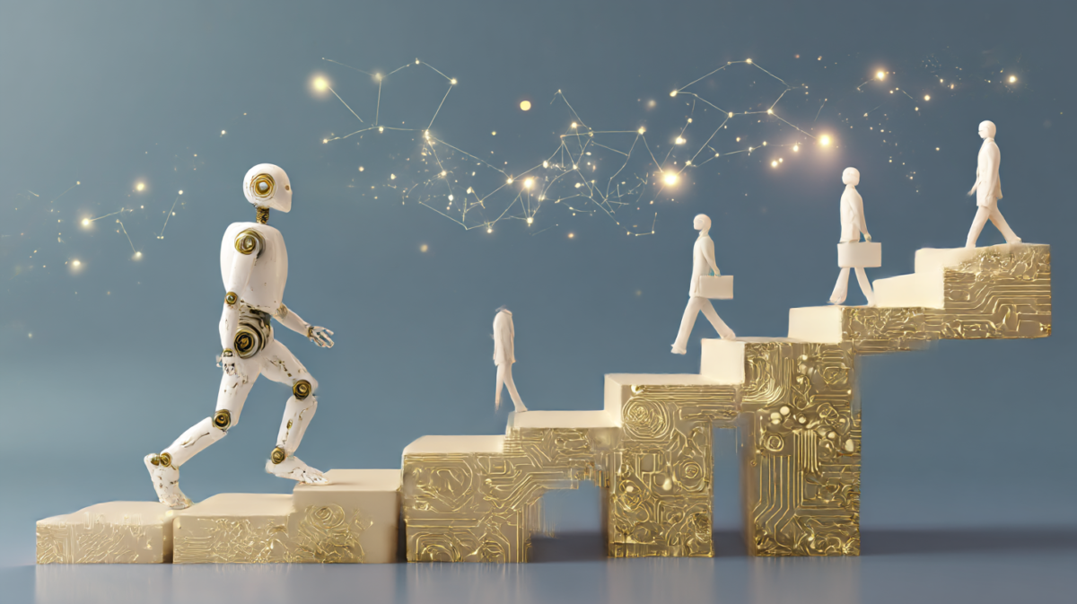 人工知能・ロボットと人間が歩いている様子のAI画像