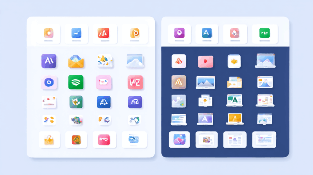 タブレットを２つ並べてアプリを並べている様子のAI画像