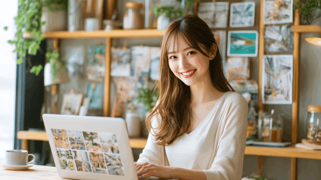 パソコンを見ながら笑顔になっている女性のAI画像