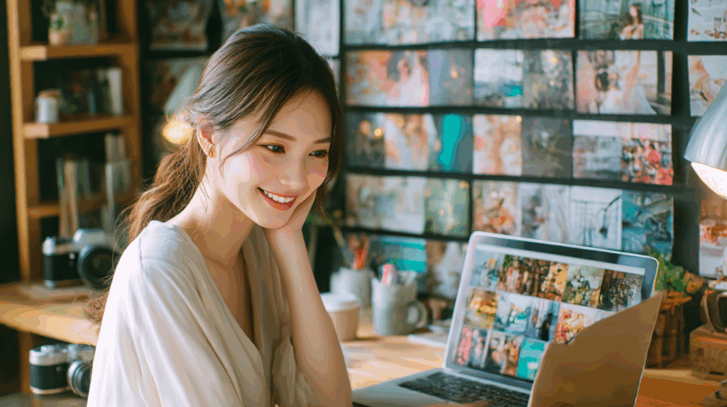 ノートパソコンを眺めながら楽しそうにしているAI美女