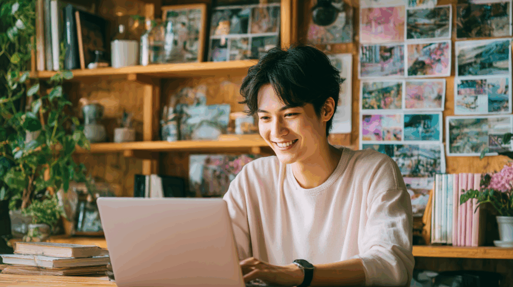 ノートパソコンを見ながら笑顔になっている男性のAI画像