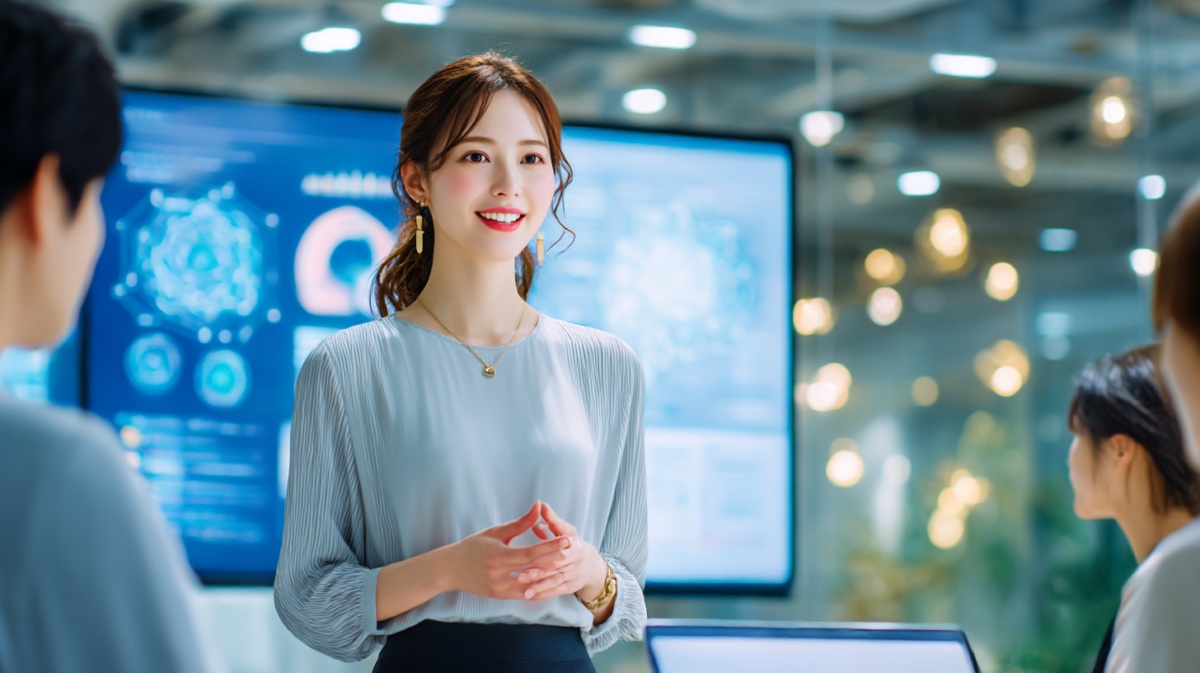 女性が会議で発言している様子のAI画像