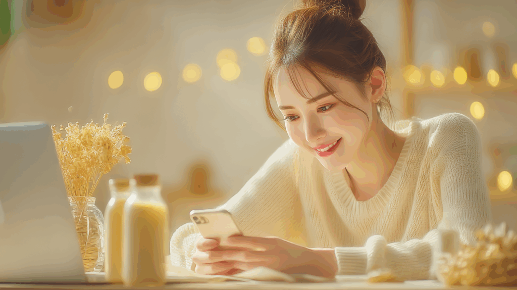 女性がスマホを見て微笑んでいる