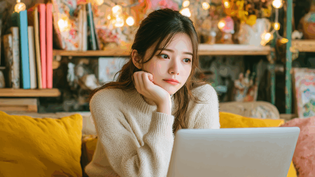 ノートパソコンの前で考え事をしている女性