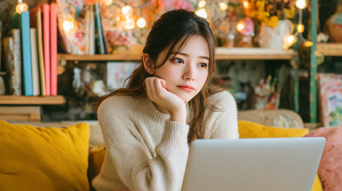 ノートパソコンの前で考え事をしている女性