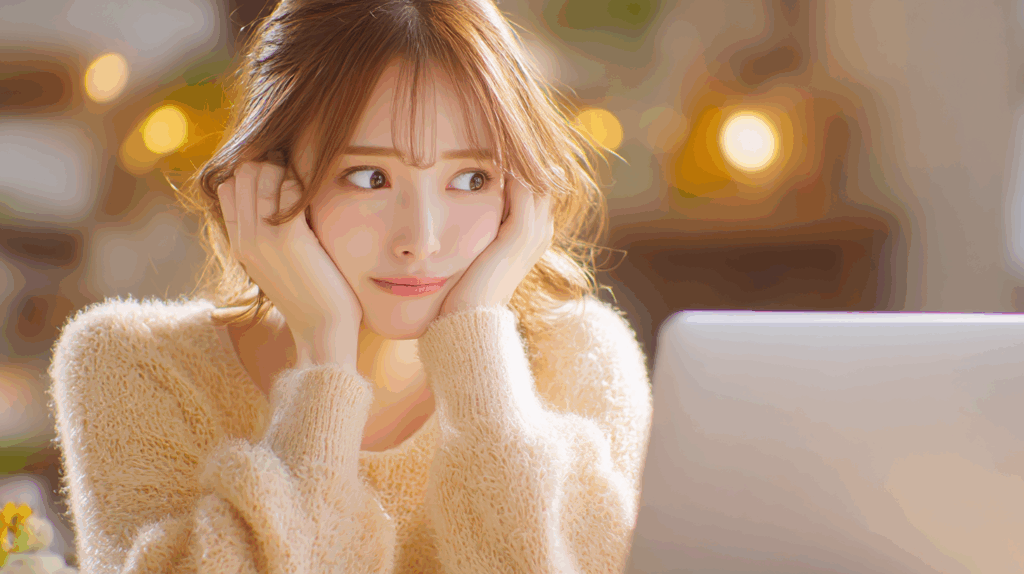 ノートパソコンの前で少し困っている女性