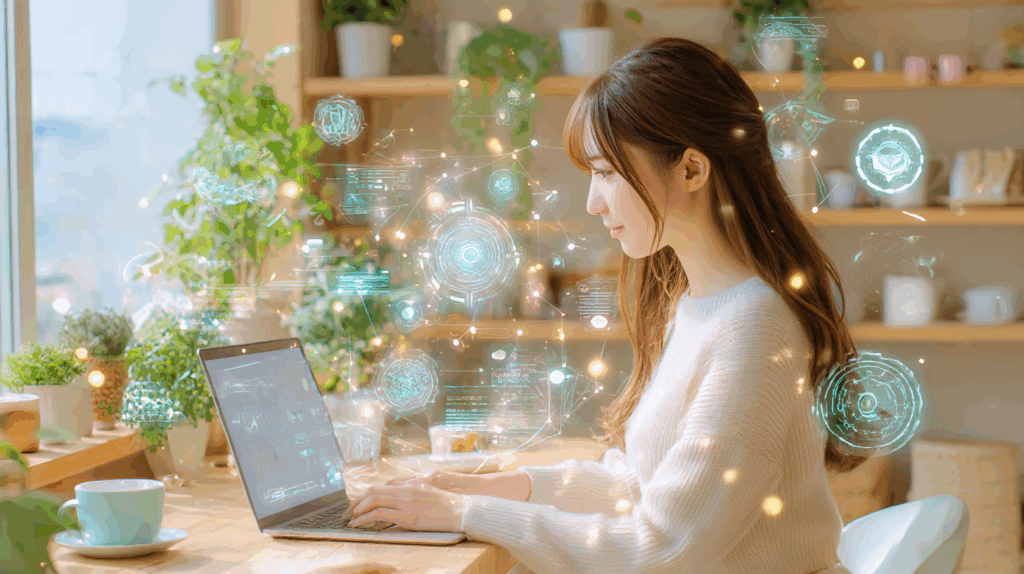 ノートパソコンの前でAIを使いながら仕事が効率化している女性