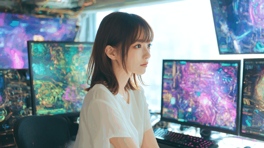 パソコンのモニターを複数並べて真剣に見ている女性