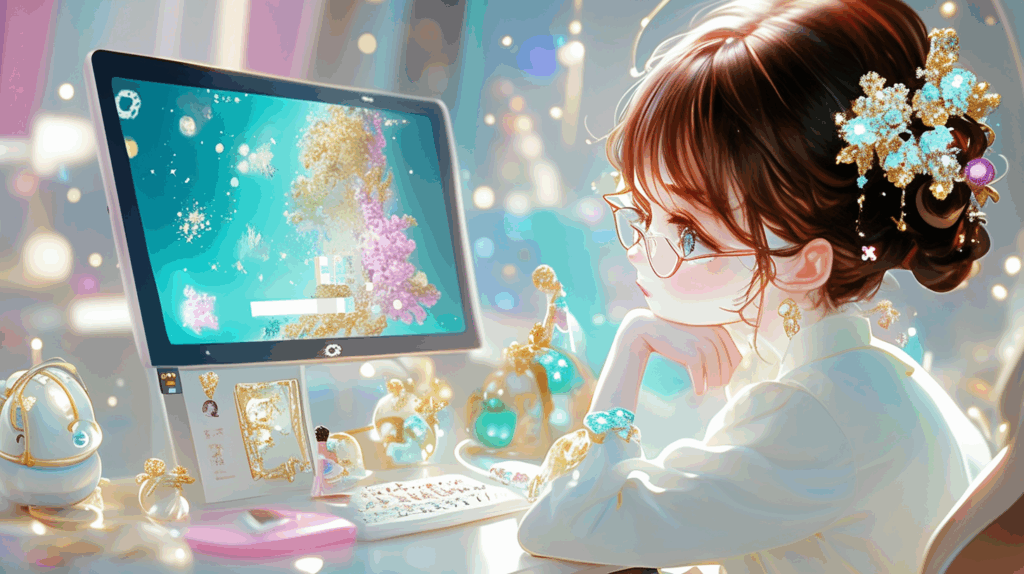 デスクトップパソコンのモニターを見て考えている少女のイラスト