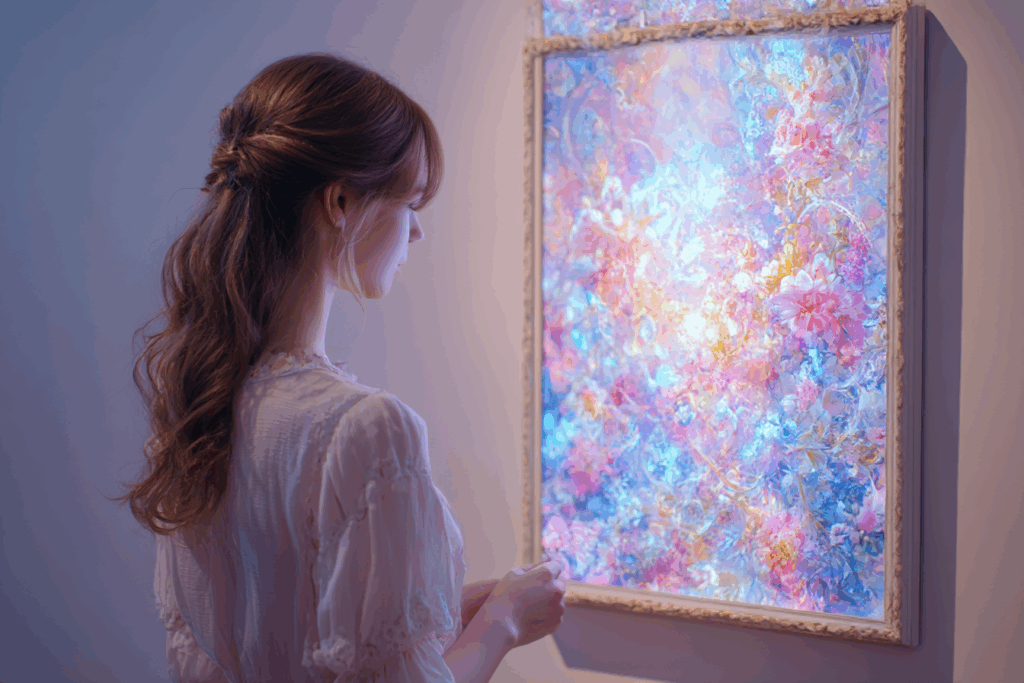美しく神秘的な絵を見つめているAI美女