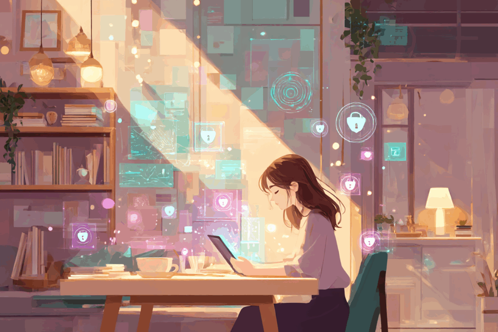 ノートパソコンを見て考えている女性のAIイラスト