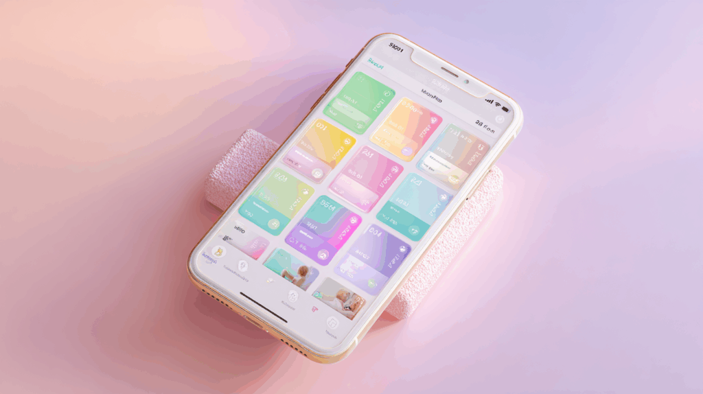 スマホの画面にいくつものツールが入っている様子のiPhoneのAIイラスト