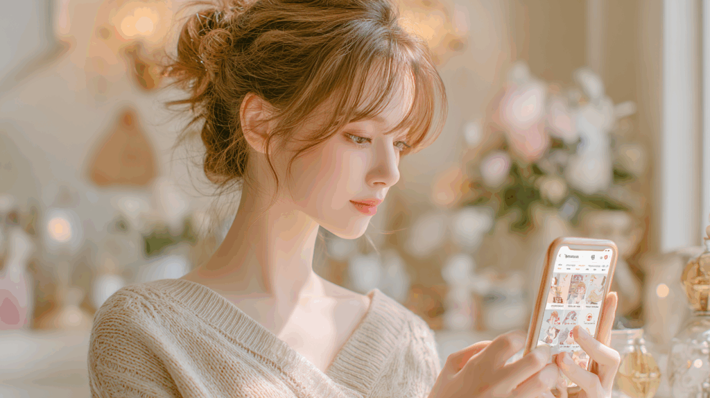 女性がスマホを眺めているAIイラスト