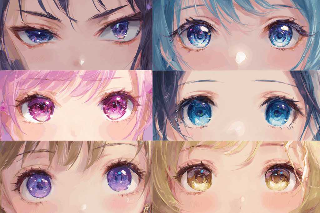 目の形と表情で感情を表現したキャラクターたち、AIプロンプトの参考に


