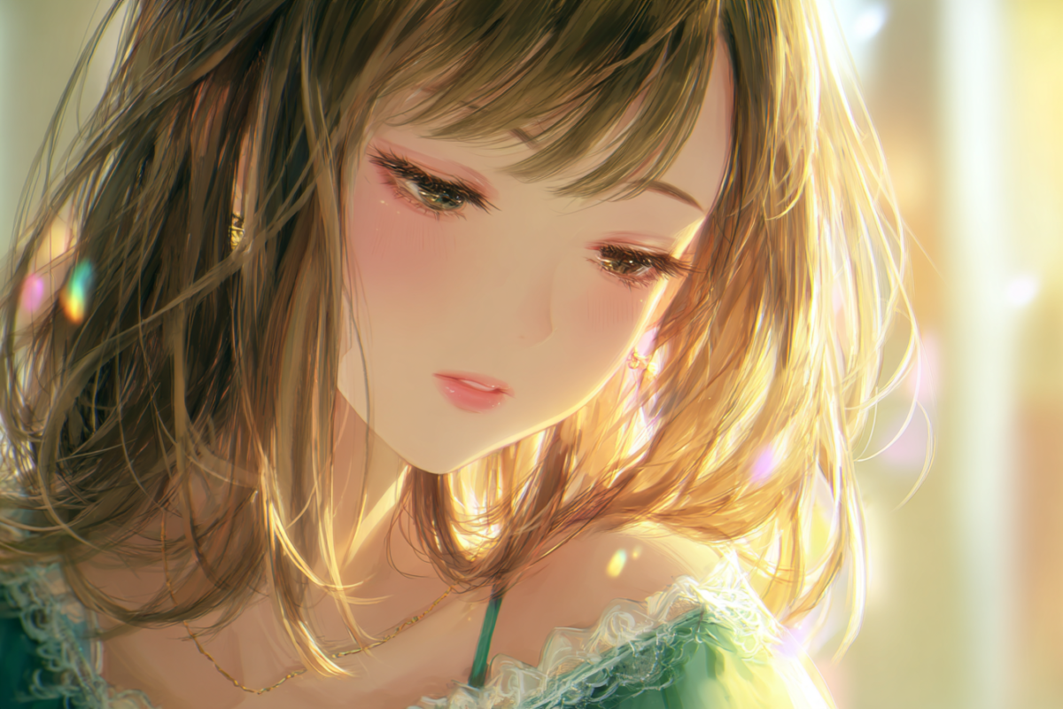 下を見つめて目を細めている女性のイラストのプロンプト