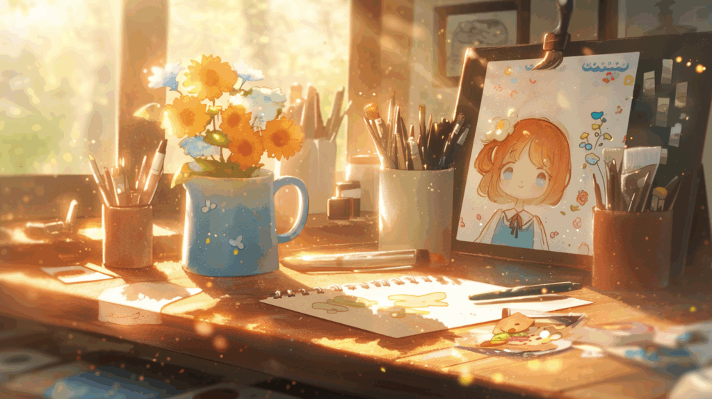 机の上でモニターを見ながら絵を書いている様子