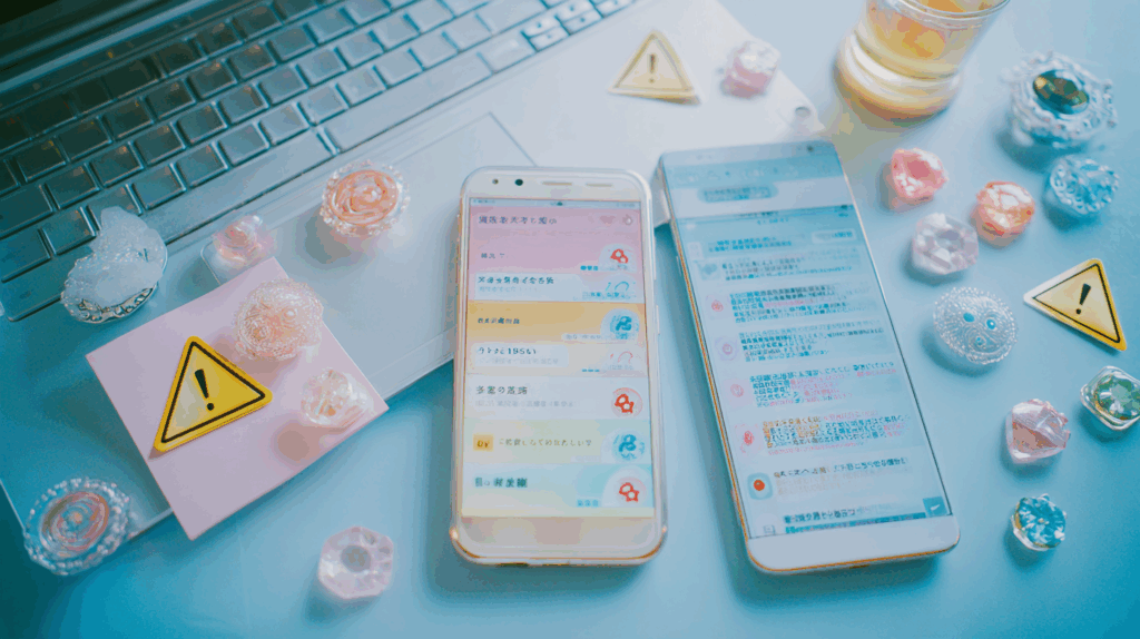 ノートパソコンとスマホが並んでいて注意喚起しているAIイラスト