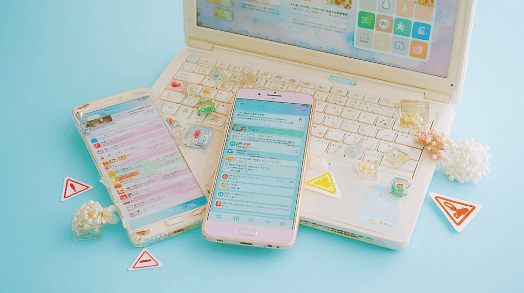 ノートパソコンとスマホ２台。注意喚起のロゴが描かれている。