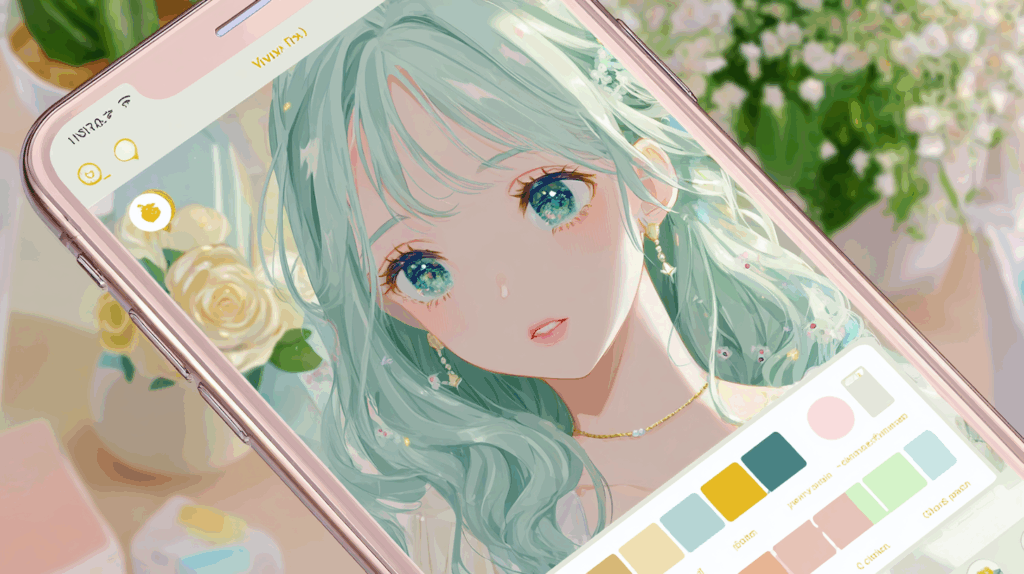 スマホの画面にかわいい女性のイラストが表示されている