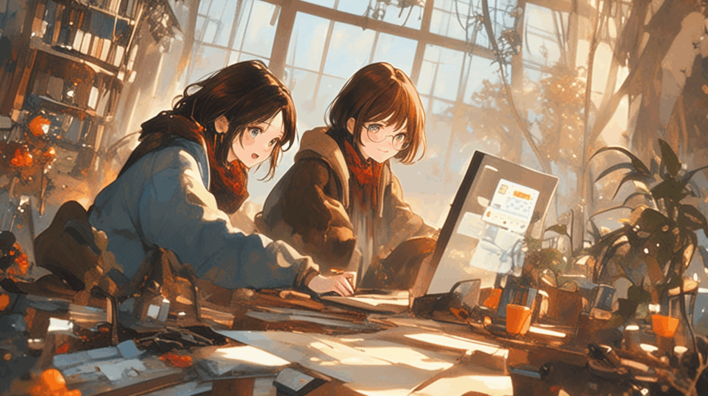 モニターを見ながら二人の少女が楽しそうにしている様子