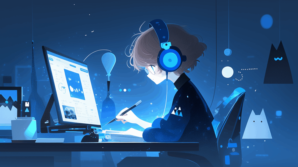 ヘッドフォンをしながらタブレットを操作している女の子