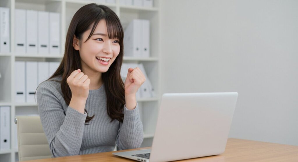 ノートパソコンの前でガッツポーズをして喜んでいる女性