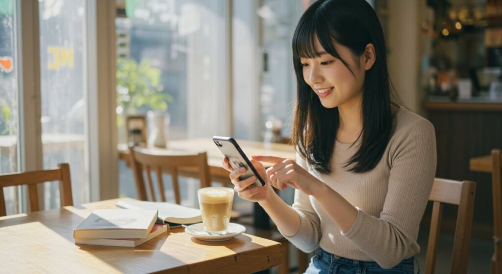 カフェでスマホを操作している女性