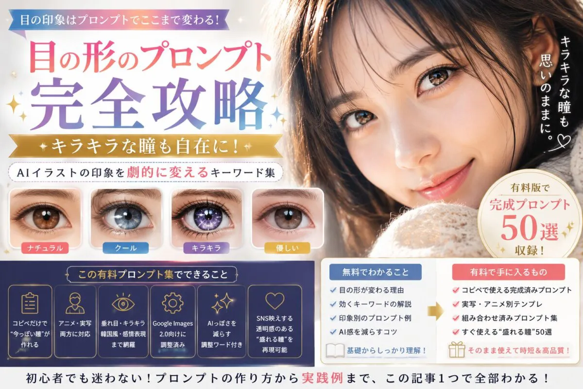 目の形のプロンプト完全攻略|キラキラな瞳も自在に!AIイラストの印象を劇的に変えるキーワード集