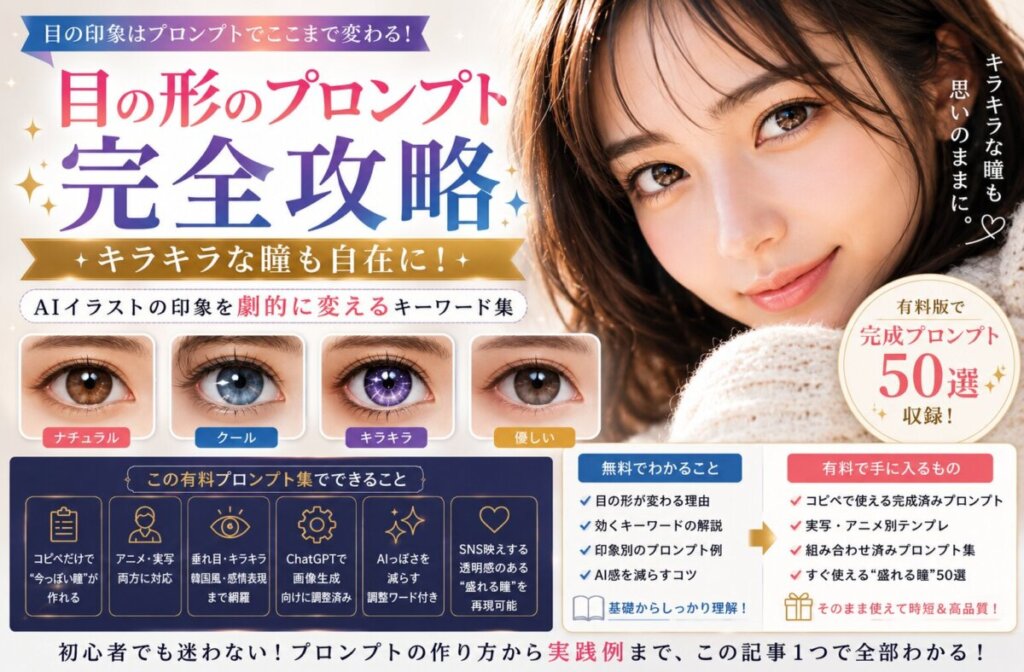 目の形のプロンプト完全攻略｜キラキラな瞳も自在に！AIイラストの印象を劇的に変えるキーワード集