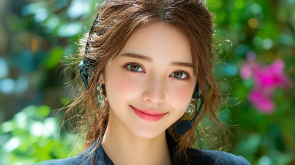 1サポート。笑顔の女性がオフィスでパソコンに向かっている