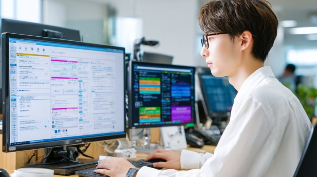 ノートパソコンを見て仕事をしている男性