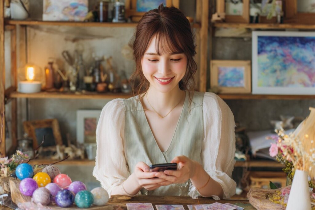スマホを見ながら占いをしている女性