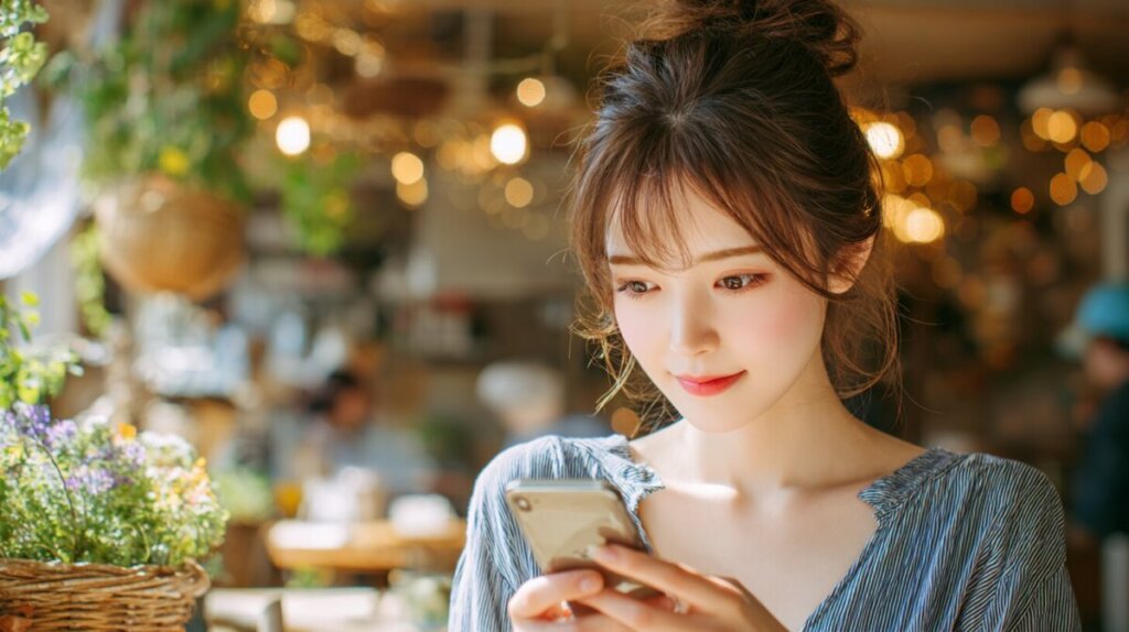 スマホを楽しそうに見ている女性